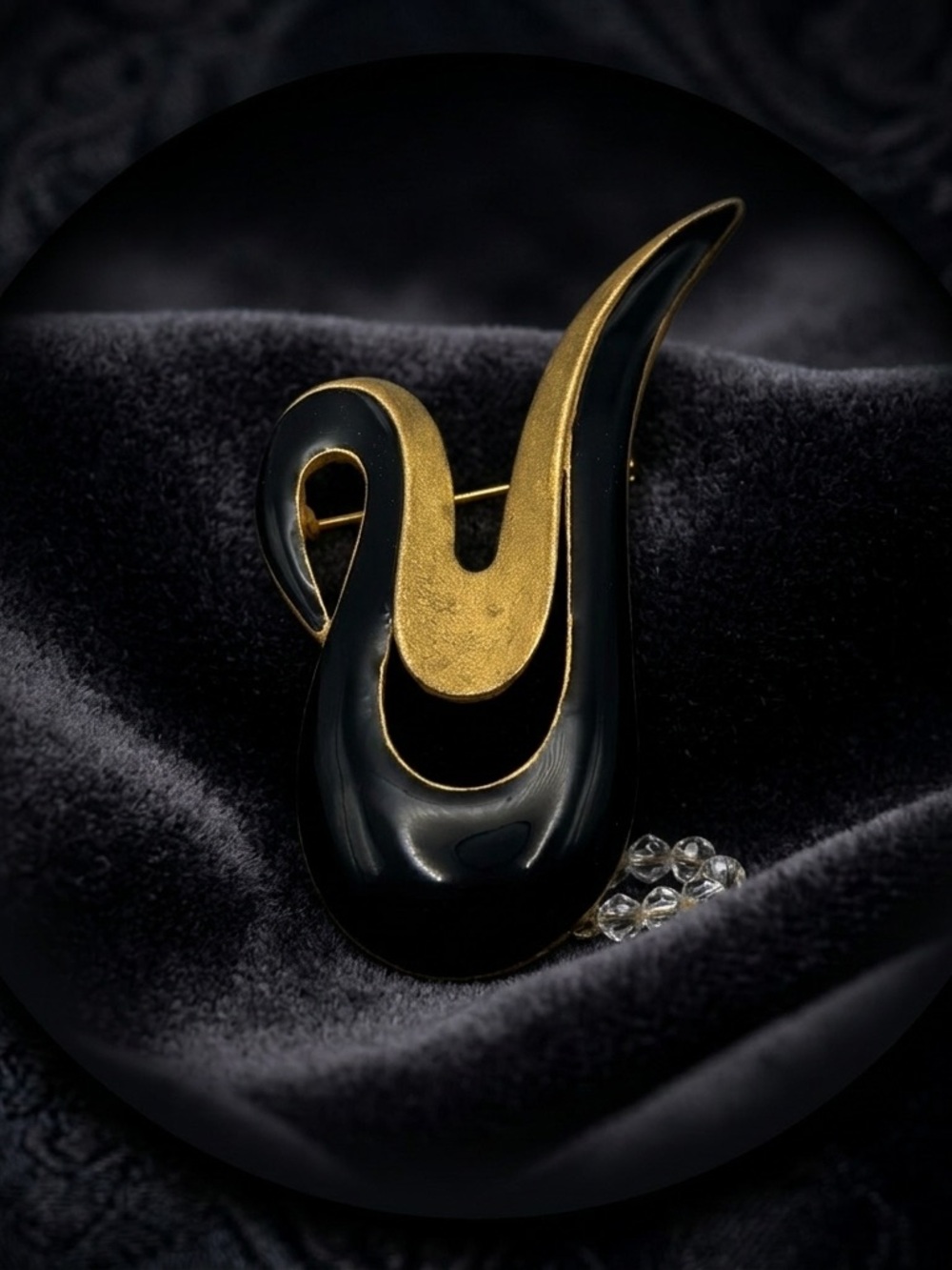 Vintage Modernist Black Enamel & Gold Swirl Brooch
